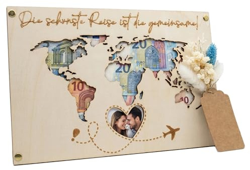 Geldgeschenk Hochzeit aus Holz, Weltkarte Hochzeitsgeschenk für Brautpaar mit Fotoherz und Trockenblumen, kreative Geldverpackung für Flitterwochen, Deko Aufsteller für Verlobung und Jahrestag