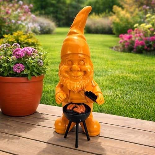 Online Fuchs Gartenfigur für draußen moderner Gartenzwerg mit Grill - 37 cm groß, wetterfest - lustige Geschenkidee als Gartendekoration (Orange)