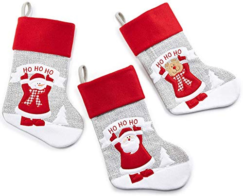 HEITMANN DECO Nikolausstiefel-Set 41 cm | Weihnachtsstrumpf zum Befüllen | Nikolaussocke 3er Set mit Elch, Weihnachtsmann, Schneemann, Grau/Rot