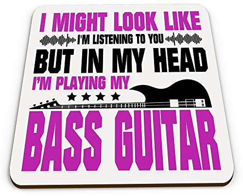 in My Head I'm Playing My Bass Guitar Funny Novelty Gift Glossy Mug Coaster - Pink
