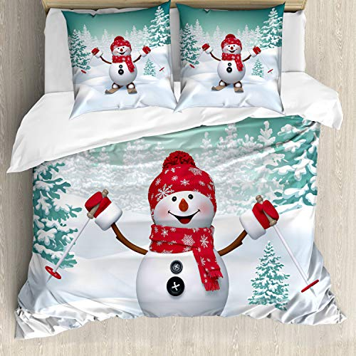 ABAKUHAUS Weihnachten Bettbezugs Set Für Doppelbetten, Skifahren-Schneemann-Bäume, Milbensicher Allergiker geeignet mit Kissenbezügen, Teal Rot Weiß
