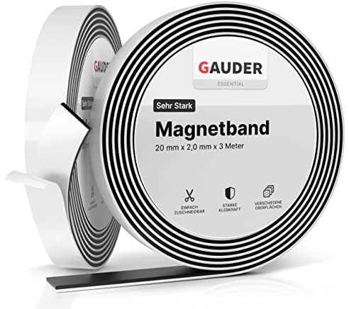 GAUDER Self-Adhesive Magnetic Tape Strong - Foam Adhesive Magnetic Strips for Uneven Surfaces - High Strength Magnet Roll with Enhanced Adhesion and Optimized Force (3 m x 20 mm)