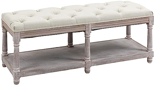 HOMCOM 2-Tier Bed End Bench, Vintage Stool, Wooden Window Seat with Storage Shelf, Button Tufted Upholstered Footstool for Living Room, Bedroom, Entryway, Cream White