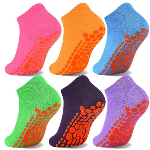 HYCLES Kids Non-Silp Ankle Socks with Girp- 6 Pairs Trampoline Unisex Toddler Socks Anti-Skid Socks for Children 2-13 Year
