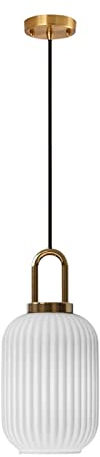 ZTTECH Weiße Glas-Pendelleuchte mit geripptem Glas-Lampenschirm und Bronze-Finish, moderne Retro-Deckenleuchte-Hängelampe (140mm)…