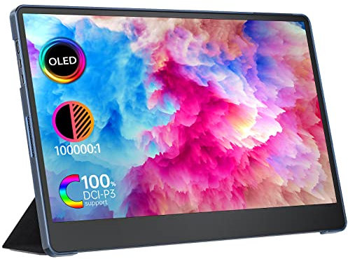 Portable Monitor 15.6 inch OLED Travel Monitor 1080P HDMI USB-C 100% DCI-P3 1MS 100000:1 Portable Monitor for Laptop, with Cover