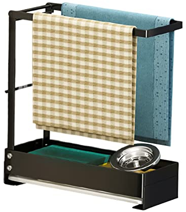 Spülbecken Organizer,Schwammhalter für Küche ,mit Handtuchhalter,Abflusspfanne,Spülorganizer Abtropfgestell ,Kleber, Arbeitsplatte, Spülbecken Helfer ,Küchen Organizer für Küche Badezimmer (Schwarz)