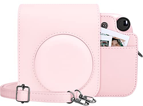 MUZIRI KINOKOO Tasche für Instax Mini 12 Sofortbildkamera, PU Leder Schutzhülle für Instax Mini 12 mit Fototasche - Verstellbarer Schultergurt - Rosa
