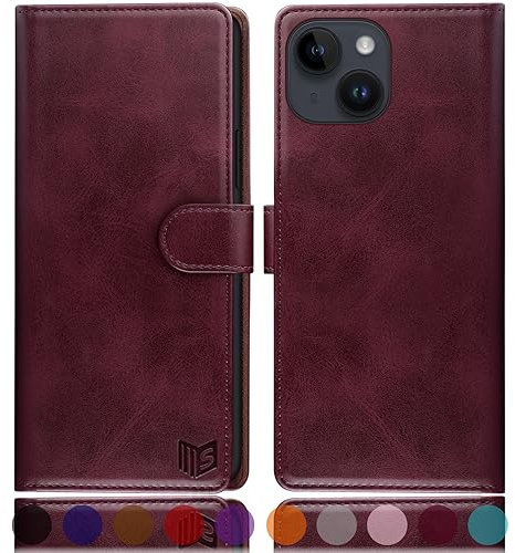 SUANPOT design for iPhone 15 6.1 inch case with [Credit Card Holder][RFID Blocking],PU Leather Flip Book Protective Cover Women Men for Apple 15 Phone case Wine Red