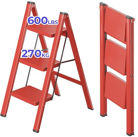 JOISCOPE Leiter, Trittleiter,Trittleiter 3 Stufen Klappbar,rutschfeste Gummimatten, Verbreiterten rutschfest Stufe, Bis 600LBS Belastbar, Aus Stahl, Stufenleiter Für Haushalt, Büro, Rot