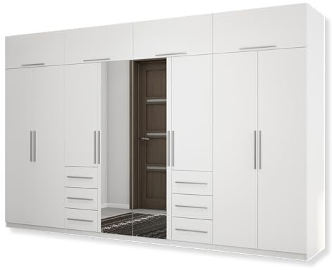 e-Meblast Moderner Kleiderschrank mit Spiegel 360x220 cm - Geräumiger, praktischer Schrank mit Kleiderstange, Ablagen, Schubladen - Garderobe, Schlafzimmerschrank Schlafzimmer - Weiß