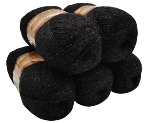 5 x 100 g Angora gold simli Glitzerwolle, Effektwolle einfarbig, 500 Gramm Metallic - Wolle mit 20% Woll-Anteil (schwarz 60)
