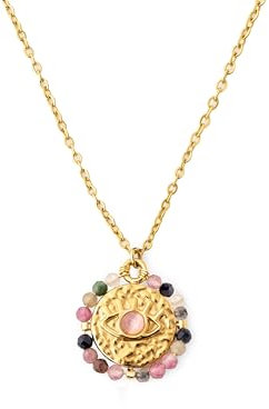 SINGULARU - Collar Medallion Stones Eye. Acero con Acabado en Baño de Oro de 18Kt. Cadena con Medallón Largo Ajustable. Joyas para Mujer