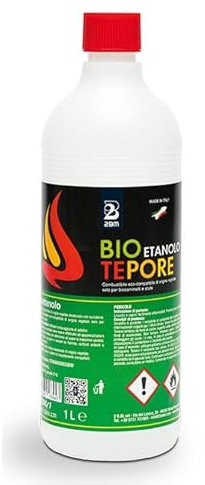 Bioetanolo 1LT Combustibile per Camini, Biocaminetti e Stufe Tepore 2BM | Bio Etanolo Inodore, Alcool Etilico di Origine Vegetale, Eco Compatibile, Pulito, Liquido | Formato Bottiglia 1 Litro