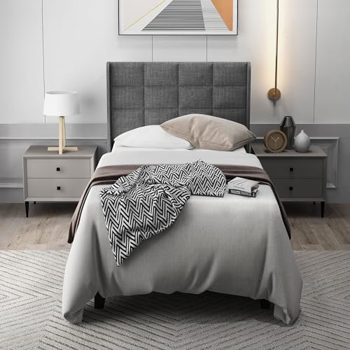 NQSLDM Polsterbett 90 x 200 cm mit Gepolstertes Kopfteil, Einzelbett Familienbett mit Lattenrost, Leinenmaterial, für Schlafzimmer und Gästezimmer, Ohne Matratze, Grau
