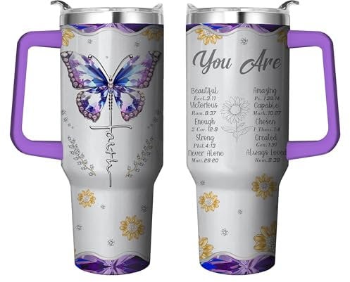 40 Oz Christian Tumbler with Handle and Straw, Double Wall Coffee Travel Jesus Mug Leak Proof, Stainless Steel Butterfly Cup with Handle, Reusable Insulated Water Bottle 40 Oz God Gifts for Women