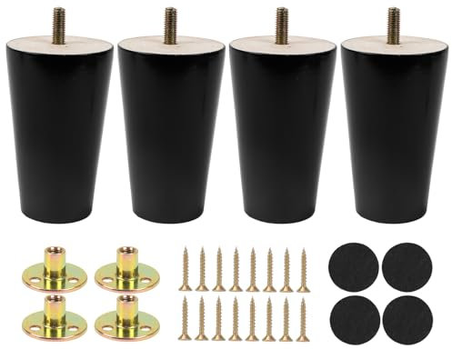 Luabue 4 Piezas 10cm Conicas Patas de Madera para Muebles de Mesa, Sofa, Reemplazo con Placa de Montaje Tornillos y Protector Antideslizante, Negro
