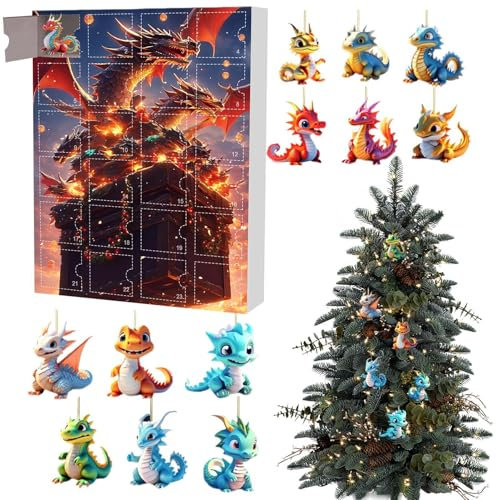 Drachen Adventskalender 2024, Adventskalender Kinder, Drachen Adventskalender 2024 Kinder, 2D Acryl Drachen-Hängeanhänger, 24 Tage Weihnachten Countdown Kalender 2024
