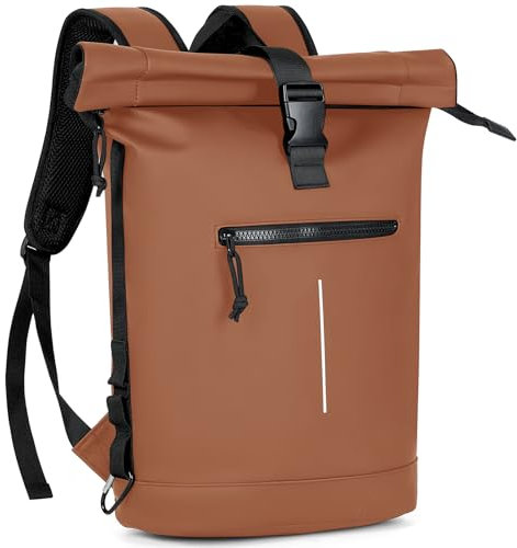 Lekeinchi Rolltop Rucksack Wasserdicht für Damen & Herren, Großer Laptop Rucksack mit Computerfach für 17 Zoll Laptop, Elegant Reiserucksack Daypack für Reisen, Radfahren, Uni Schule, Arbeit-Braun