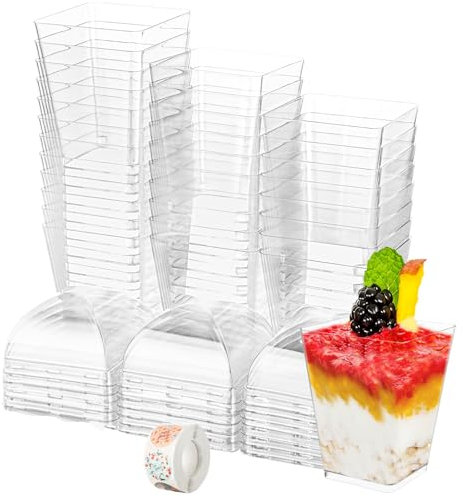 AHAQU 100PCS Plastic Dessert Cups Square, 150ml/5.2oz Mini Cheesecake Pots with Lids, Reusable Clear Parfait Appetizer Cup for Dessert, Pudding, Mousse, Ice Cream, Party