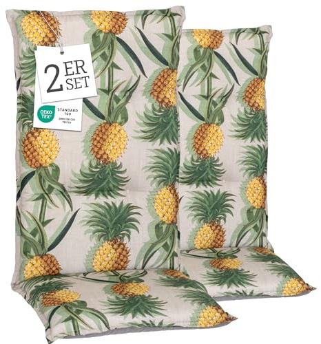Beo® Turin Hochlehner Gartenstuhl-Auflagen 2er Set | Waschbare Sitzkissen Outdoor | Made in EU, Öko-Tex Standard | Atmungsaktiv, UV-beständig, Ananas Motiv | Extra Dicke Polster