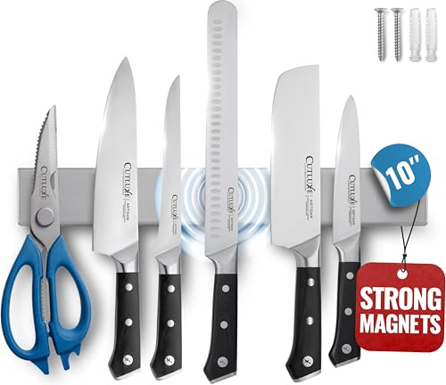 Cutluxe Magnetic Knife Holder for Wall & Fridge, 10 Knife Magnetic Strip | Stainless Steel Bar Holds up to 15 Lbs, Easy Mount with Strong Magnets or Screws