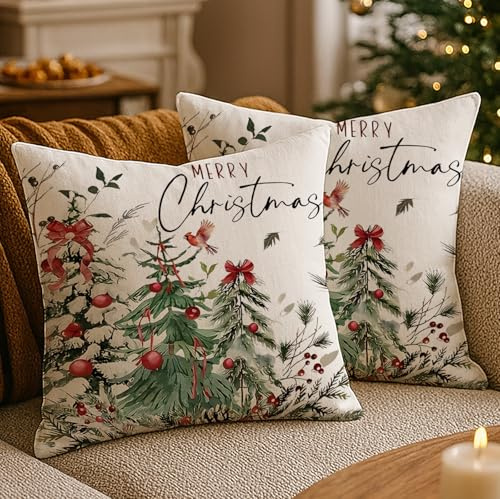 Luzzxfa Merry Chrismas Winter Geschenk Weihnachten Kissenbezug 50x50 cm 2er Set Weihnachtsbaum Weihnachtsdeko Outdoor Kissenbezüge Modern Sofakissen mit Verstecktem Reißverschluss
