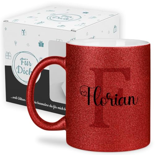 glitzertassen.de® | Namenstasse mit Buchstabe | Tasse mit Namen | Personalisiert | Kaffeebecher | Geschenkidee für Frauen & Mädchen, Kinder, Glitzertasse (Rot mit Geschenkkarton Glitzer)