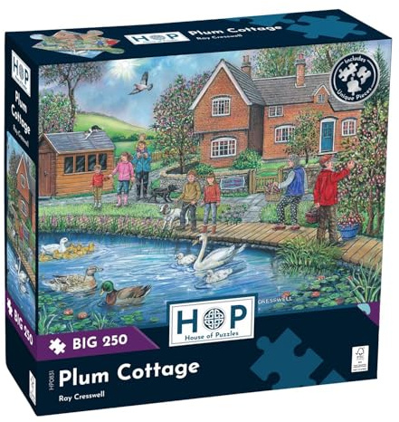 The House of Puzzles Plum Cottage, Big 250 Piece Jigsaw | Towns & Villages Theme, Artwork by Ray Cresswell, Sustainably Made, Deluxe Puzzle Gift for Adults