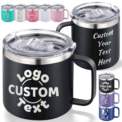 Tazza da caffè isolata personalizzata con nome/testo/logo inciso, bicchiere da viaggio in acciaio inossidabile personalizzato con manico coperchio Tazza termica a doppia parete personalizzata per