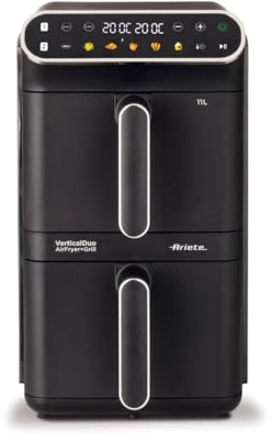 Ariete 4640/10 Air Fryer Vertical DUO, Friggitrice ad aria doppia verticale, 2460W, 11L, Due cestelli, Sync e Dual, 6 programmi, Funzione Grill, Fino a 200°C