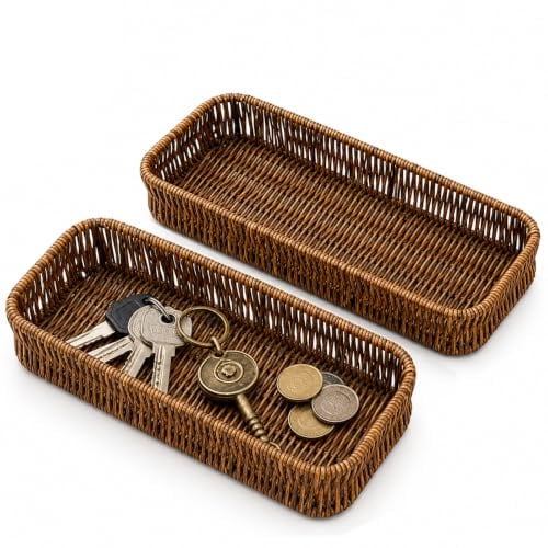 2 Pack Handwoven Bamboo Key Trays, 27 x 10 cm, Dark Finish | 2 handwoven bamboo trays; raised edges for keys, cutlery and small items; for hallways, dining tables, desks and bedrooms