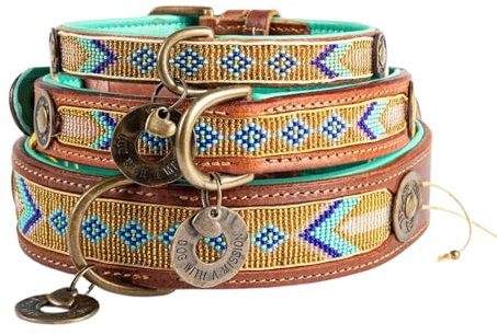 DWAM Dog with a Mission - Hundehalsband XL | Türkis und Gold, geometrisches Perlenmuster | Boho, Ethno, Hippie | Große Hunde | Handgemacht | Modisch und Bunt | Weiches Echtes Leder | 4 cm Breit