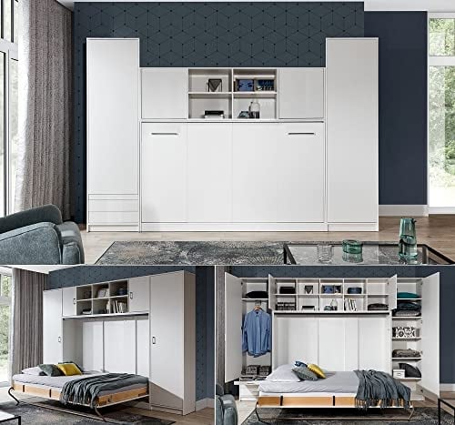 QMM TraumMoebel Schrankbett Wandbett Wandklappbett horizontal HB 90x200 mit 2 Schränken & Aufsatz weiß, Eiche Sonoma Schlafzimmer neu