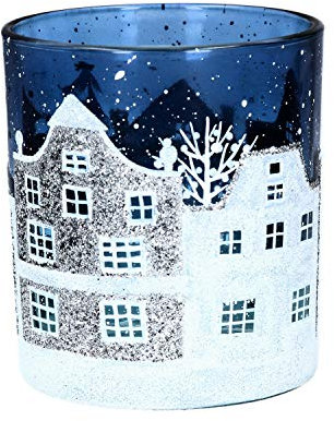 Gisela Graham Photophore en verre Motif rue de No�l Bleu et blanc