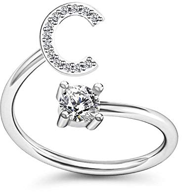 Bungsa C Ring Buchstabe - BUCHSTABEN RING silber mit Kristallen - biegbarer Fingerring/Zehenring Toering für Damen, Kinder & Herren