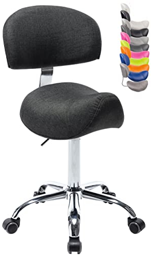 1stuff® Sattelhocker MULY BIGBACK Sattelstuhl mit Lehne - Sitzhöhe bis ca. 74cm - ergonomischer Rollhocker Arzthocker Arbeitshocker Praxishocker Drehhocker (Stoffbezug anthrazit)