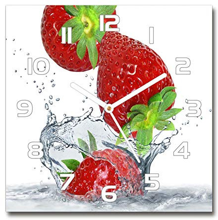Tulup Glasuhr - 30x30cm - weißen Zeigern - Wanduhr Wandkunst Bild Gehärtetem Glas Uhr Echtglas Küche Wohnzimmer - Erdbeeren und Wasser