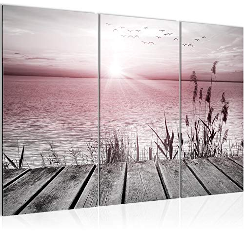 Runa Art Wandbilder Brücke Am See Bild XXL Wohnzimmer Schlafzimmer Grau Rosa Meer 120 x 80 cm 3 Teilig 034331b