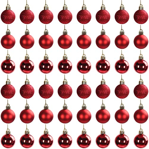 Belle Vous 48 Pack Red Christmas Baubles - 3cm/1.18 Inches Baubles - 16 each of Glitter, Gloss & Matte Finishes with String for Christmas Tree Decorations, Xmas Party Decor - Ball Hanging Ornaments