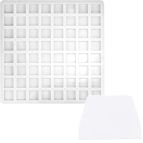 AIKEFOO 64-Cavity Square Caramel Candy Silicone Molds,Chocolate Truffles Mold,Whiskey Ice Cube Tray,Grid Fondant Mould,Hard Candy Mold Pralines Gummy Jelly Mold With 1 Baking Scraper