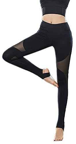 Kissprom Damen Sport-Leggings mit Steigbügel, elastisches Netz, nahtlos, extra lang, schwarz, X-Groß