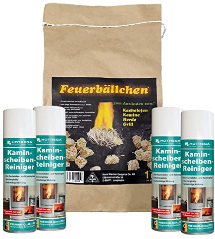 HOTREGA Kaminscheibenreiniger 4x 300ml | Selbsttägiger Kaminglasreiniger | Löst Ruß, Rauchharz & Fett selbsttätig | inkl. 1kg Feueranzünder