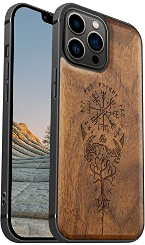 Carveit Magnetic Wood Case for iPhone 13 Pro Max [Hard Real Wood & Soft TPU] Shockproof Hybrid Protective Cover Unique & Classy Wooden Case Compatible with MagSafe (Viking Compass Vegvisir-Walnut)