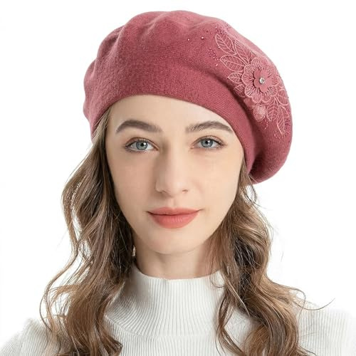 ZLYC Womens French Beret hat, Reversible Solid Color Cashmere Mosaic Warm Beret Cap for Girls(Flower Dusky Red)