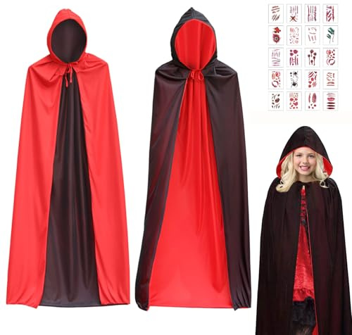 Qunkun Halloween Kostüm Vampir, Vampir Kostüm Damen, Kostüm Vampir Kinder, Umhang Halloween Rot Schwarzer mit Kapuze 120CM, für Halloween Kostüm