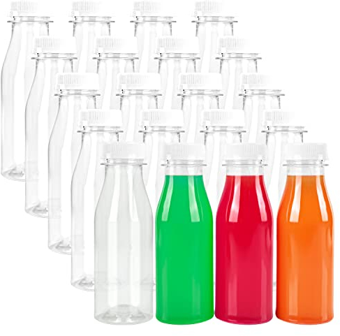 BELLE VOUS (Lot de 20 Petite Bouteille Reutilisable Jus de Fruit en Plastique Transparent avec Couvercle Blanc Inviolable - 250 ml Bouteille à Jus de Fruits, Smoothies, Lait et Boissons