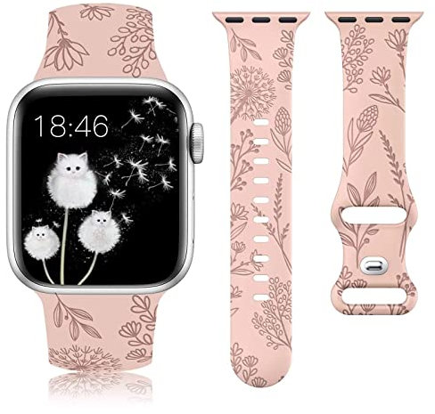 TOYOUTHS Floral Engraved Strap Compatible with Apple Watch 38mm 40mm 41mm 42mm, Soft Silicone Sport Strap with Dandelion Pattern Replacement for iWatch Series 10/9/8/7/6/5/4/3/2/1/SE, Pink