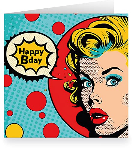 Kartenkaufrausch 1 Knallige Popart Geburtstagskarte im Comic Stil: Happy Bday • quadratisch 15,5x15,5cm, innen weiß • XL Glückwunschkarte mit Umschlag zum Geburtstag