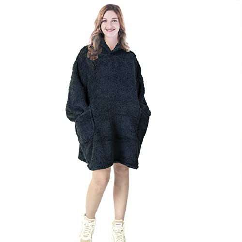 EHC Unisex Oversized Wearable Soft Warm Teddy Fleece Hoodie Sweatshirt Cuddly Blanket, Gift For Her, Gift For Him 80 x 90 cm, Navy Blue